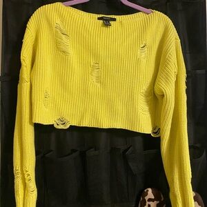 Forever 21 Neon Yellow Distressed Cropped Knit Top